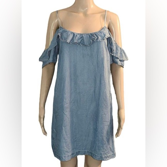 Abercrombie Fitch Blue DENIM Jean Ruffle Cold Shoulder Dress - Picture 1 of 4